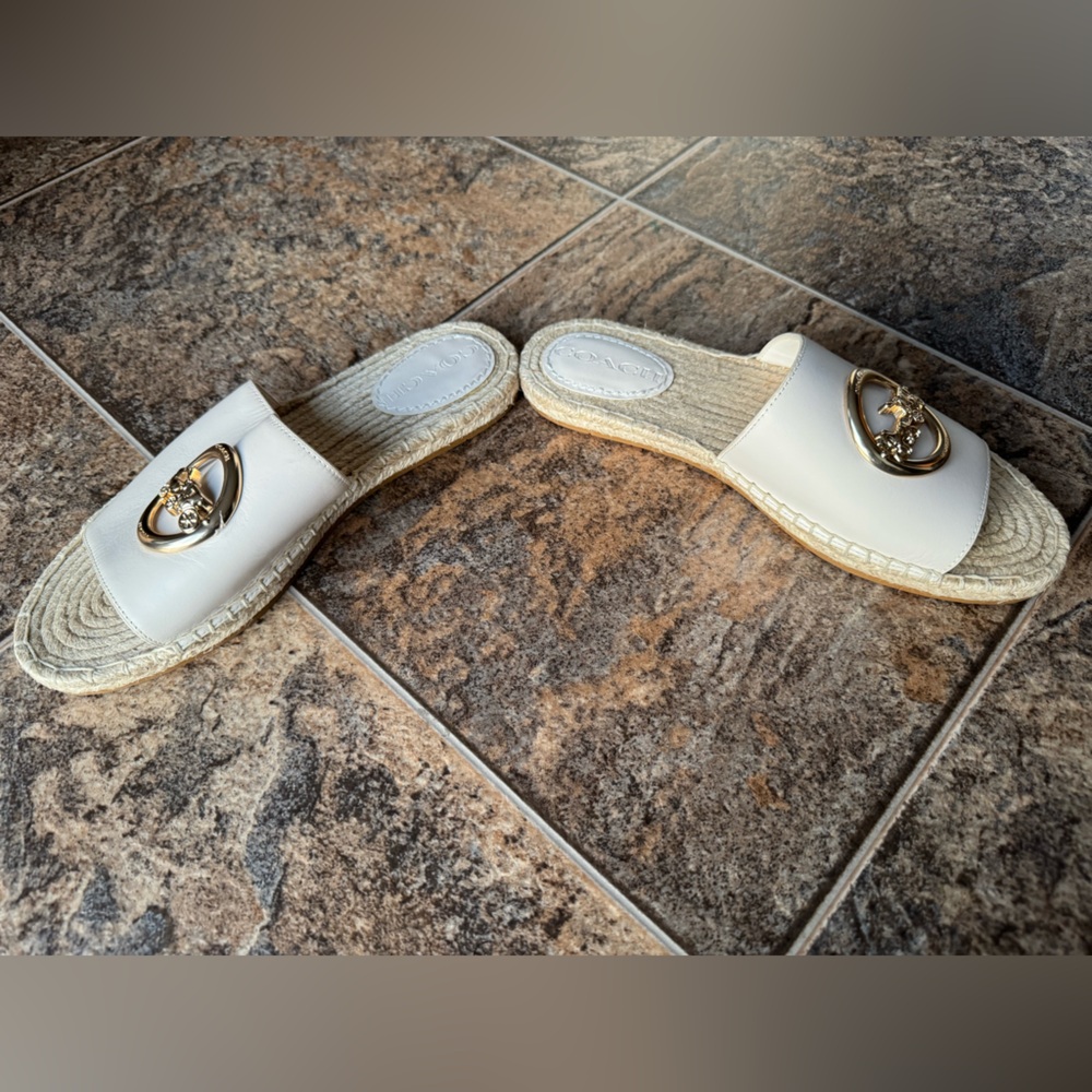 Coach Corey Leather Espadrille Slides- Chalk/Off White & Gold, Women’s 6.5B - Picture 2 of 10